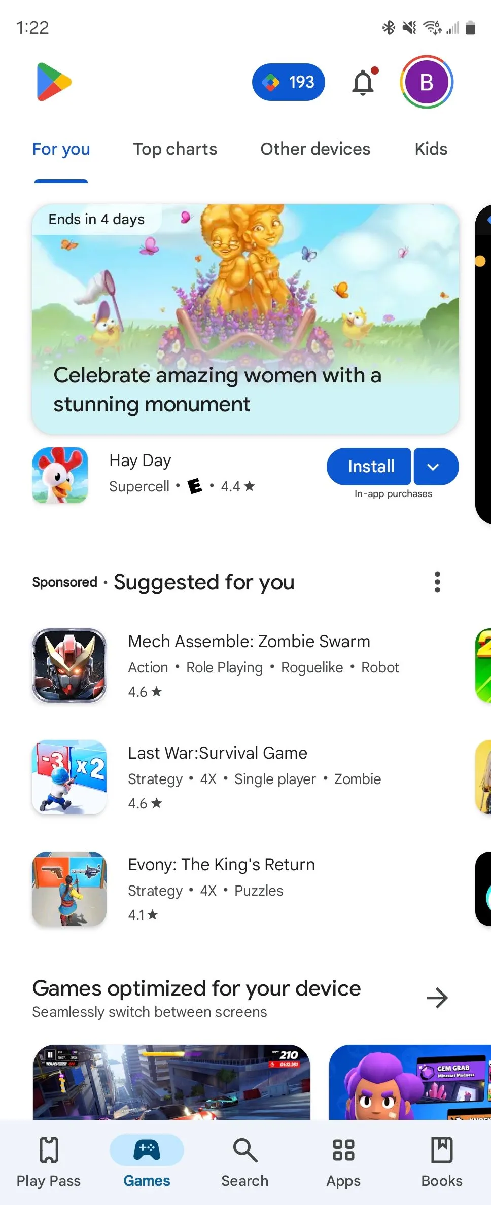 Giao diện tab trò chơi trên Google Play Store.
