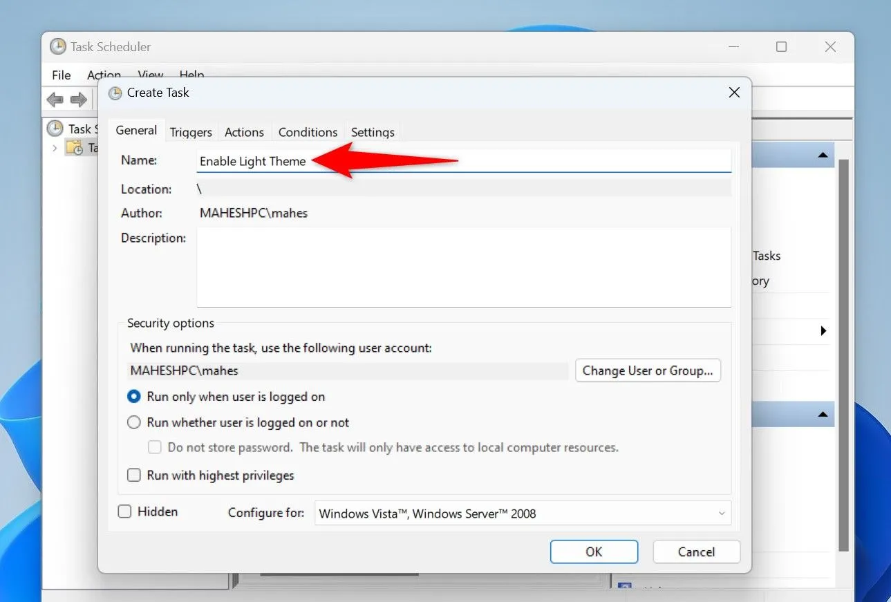 Giao diện tạo tác vụ mới trong Bộ lập lịch tác vụ (Task Scheduler) của Windows 11.