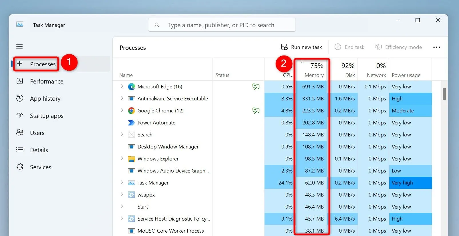 Giao diện Task Manager hiển thị mức sử dụng RAM của các ứng dụng đang chạy trên Windows 11.