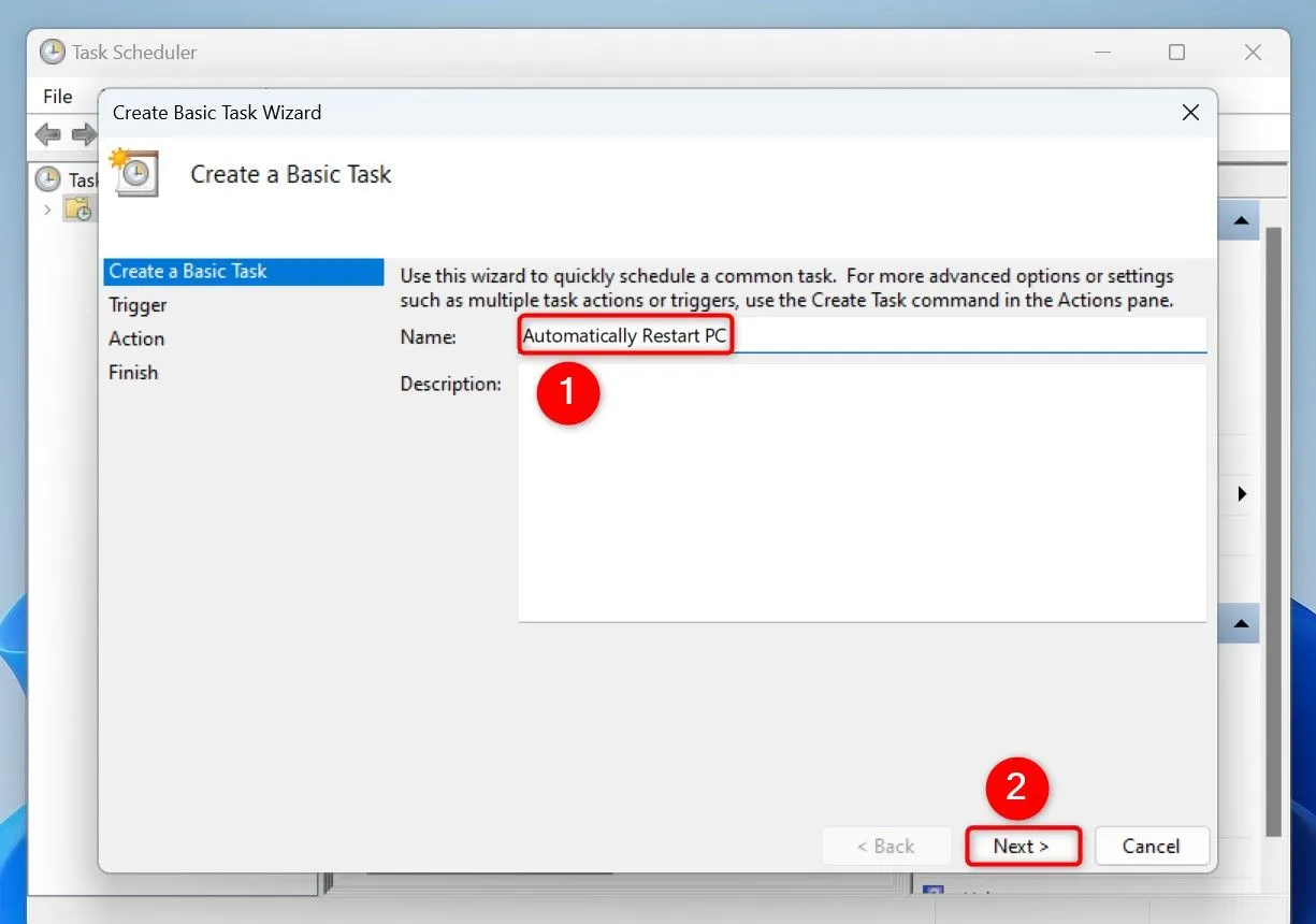 Giao diện Task Scheduler khi tạo tác vụ cơ bản, đặt tên "Tự động khởi động lại PC" cho tác vụ.