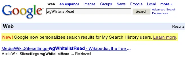 Giao diện tìm kiếm Google Personal Search năm 2005 với tùy chọn cá nhân hóa kết quả
