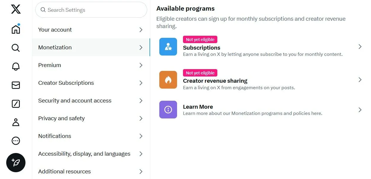 Giao diện tính năng kiếm tiền (Monetization) trên X, hiển thị các tiêu chí đủ điều kiện.