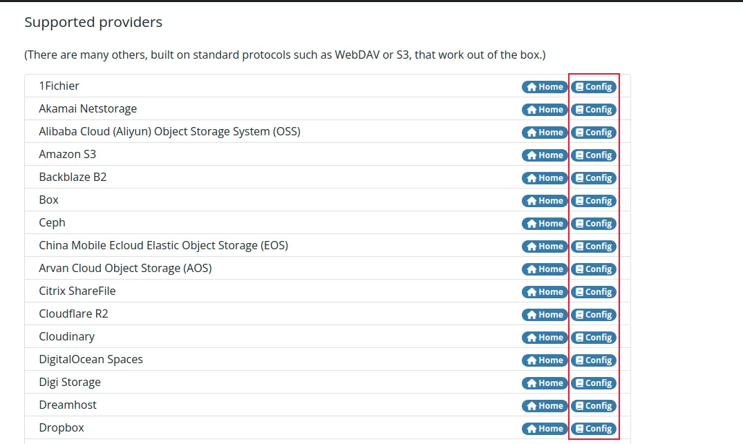 Giao diện trang web chính thức của rclone, hiển thị các nút cấu hình (config buttons) được đánh dấu, nơi người dùng có thể tìm thấy hướng dẫn cấu hình cho hơn 90 nền tảng đám mây được hỗ trợ.