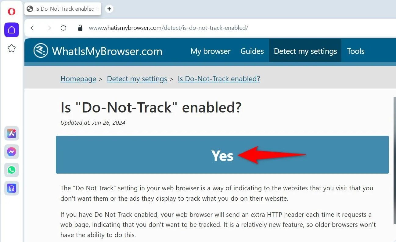 Giao diện trang web What Is My Browser hiển thị trạng thái &quot;Do Not Track&quot; là &quot;Yes&quot;, xác nhận tính năng đã được kích hoạt.