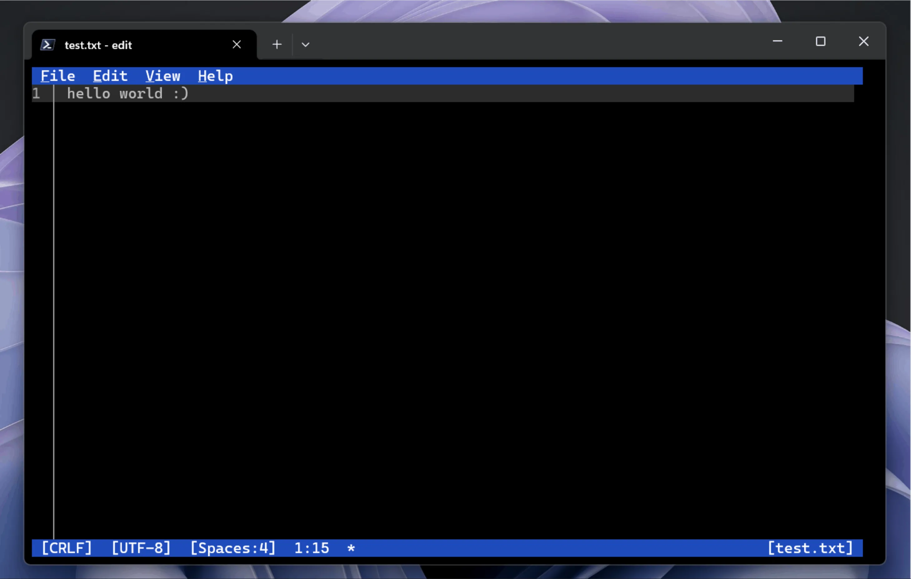Giao diện trình soạn thảo dòng lệnh Microsoft Edit trong Windows Terminal hiển thị dòng chữ "hello world".