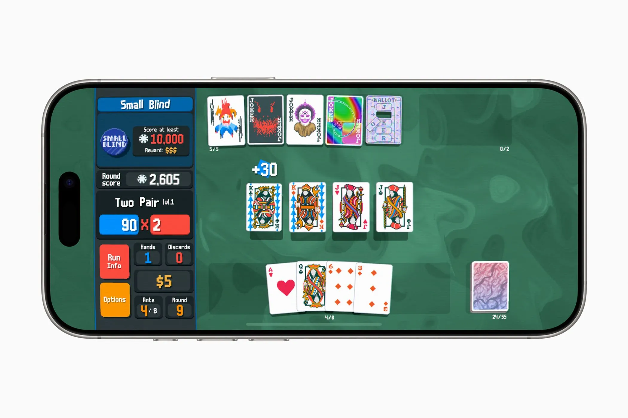Giao diện trò chơi Balatro+ trên iPhone, hiển thị màn hình gameplay và các quân bài.
