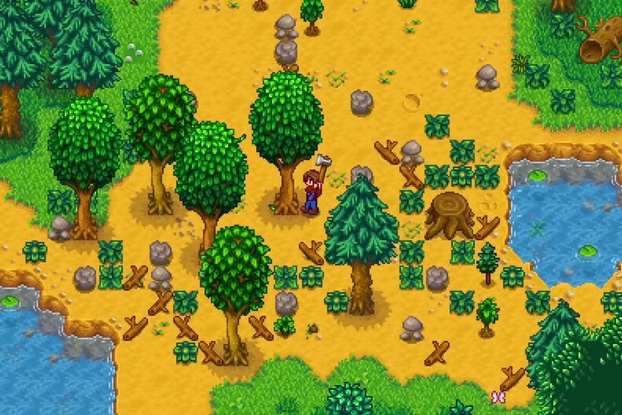 Giao diện trò chơi Stardew Valley với nhân vật đang tưới cây trong trang trại, có nhiều loại cây trồng và công trình
