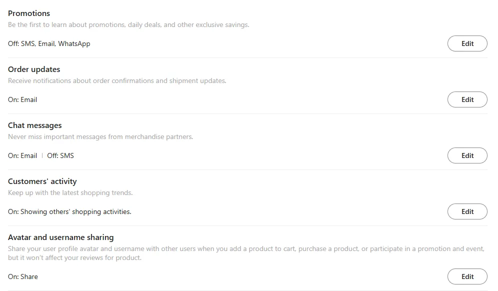 Giao diện tùy chỉnh cài đặt thông báo email của Temu trên website