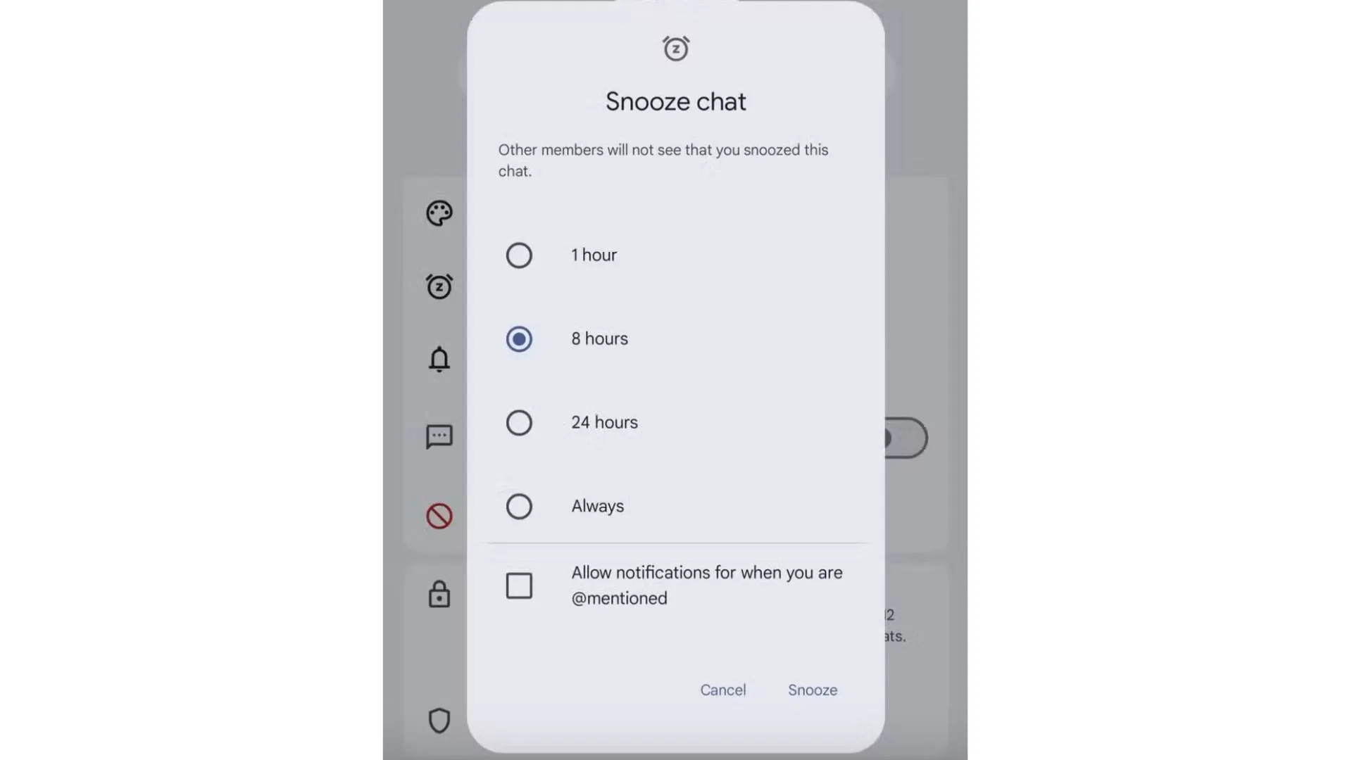 Giao diện tùy chọn tạm dừng thông báo cuộc trò chuyện (Snooze chat) trong Google Messages, hiển thị các mốc thời gian 1 giờ, 8 giờ, 24 giờ và Tắt vĩnh viễn.