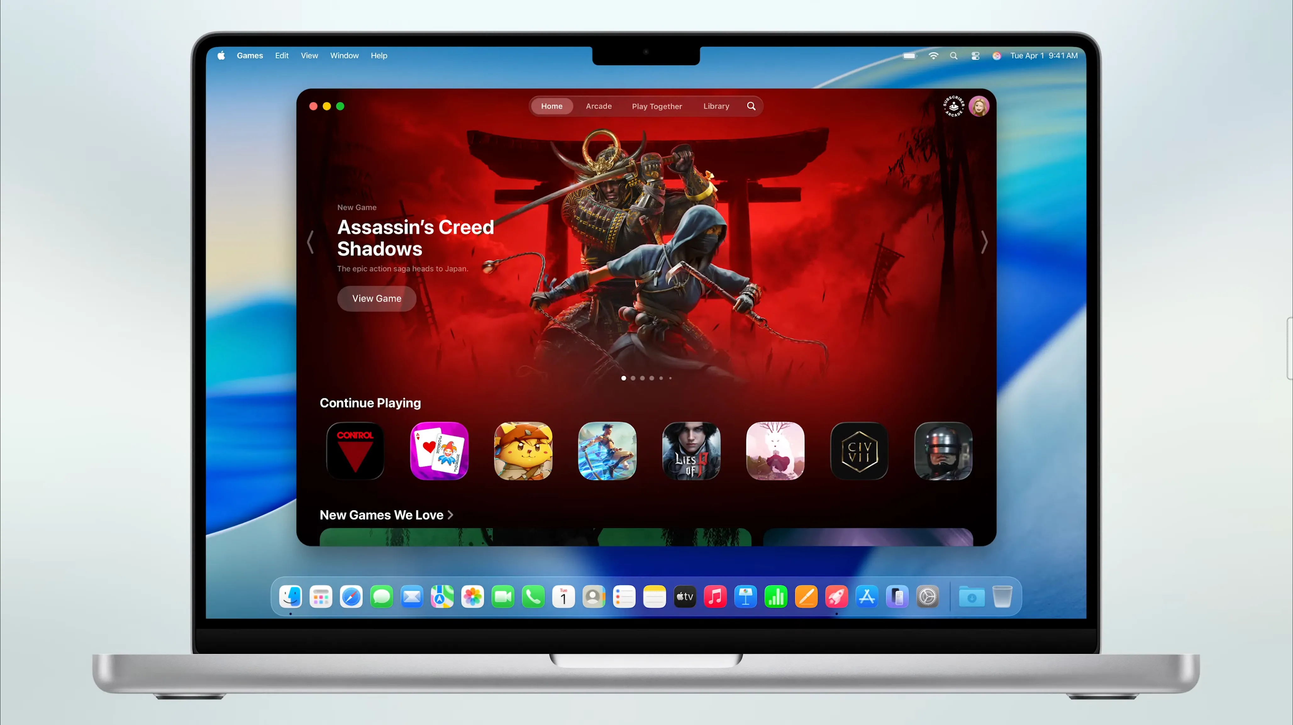 Giao diện ứng dụng Games mới trên macOS 26 Tahoe, tổng hợp tất cả trò chơi và tính năng khám phá game trong một nơi.