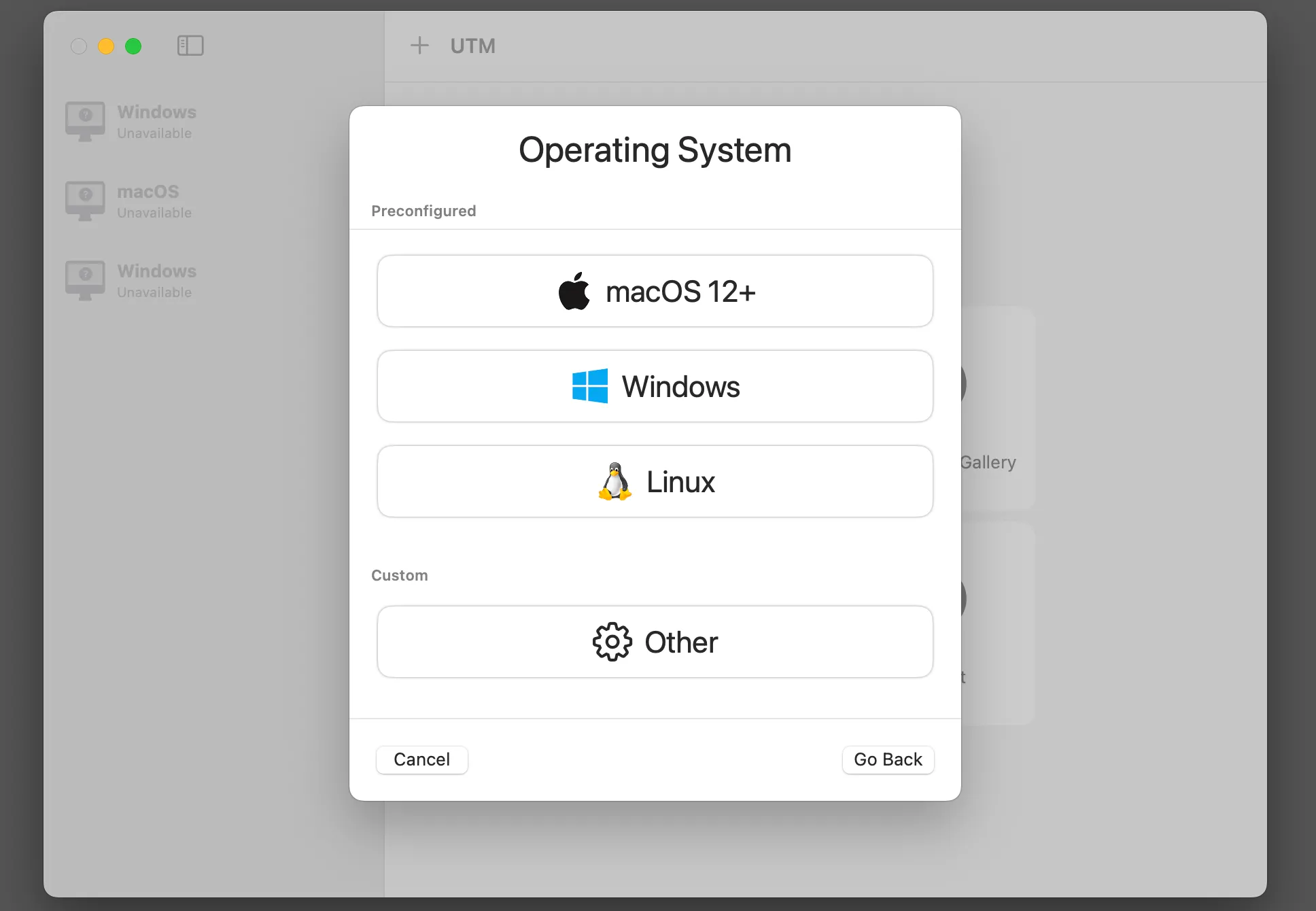 Giao diện ứng dụng máy ảo UTM trên macOS, hiển thị danh sách các máy ảo đã tạo và tùy chọn để tạo máy ảo mới.