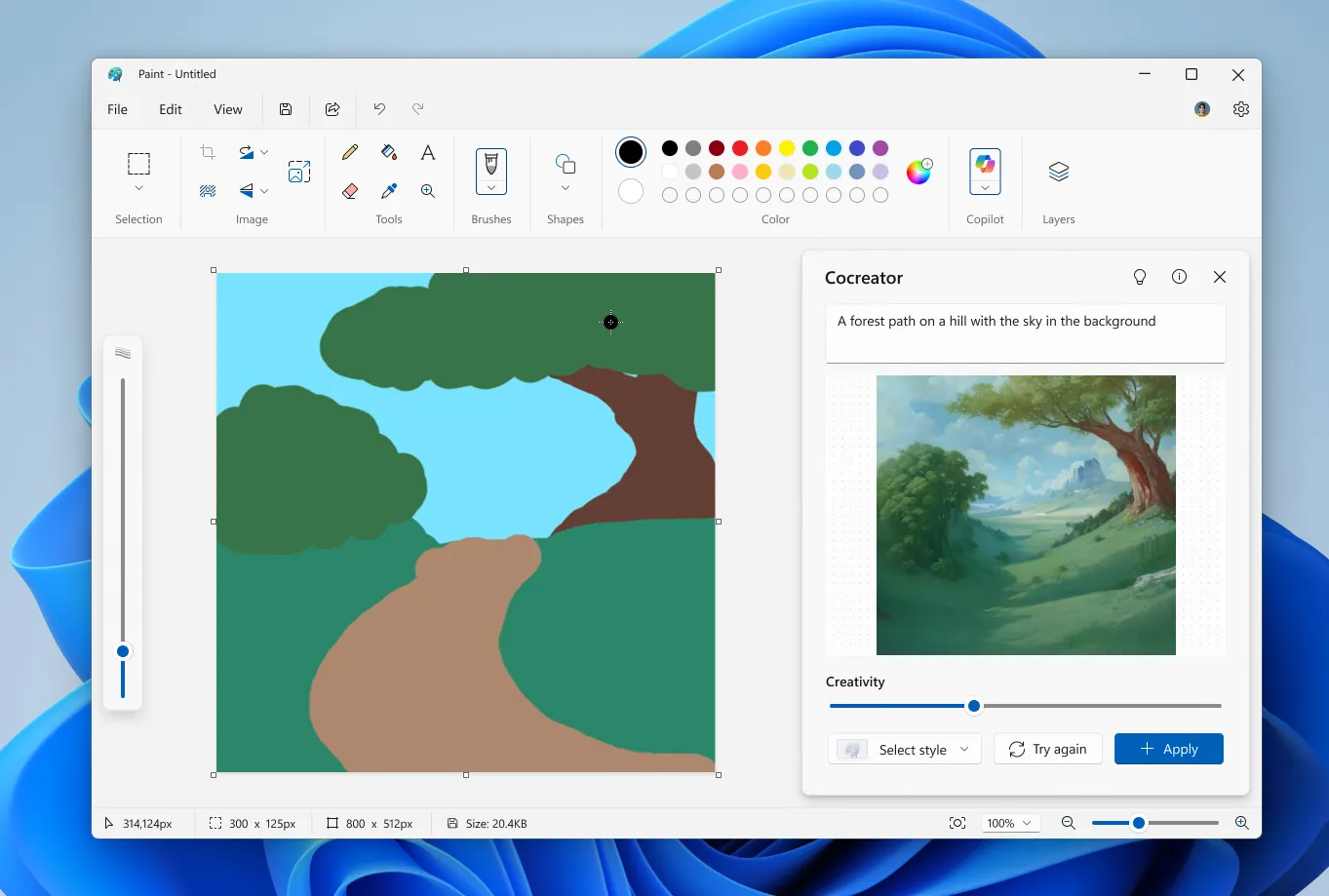 Giao diện ứng dụng Microsoft Paint hiển thị bảng điều khiển AI Cocreator với các tùy chọn tạo hình ảnh.