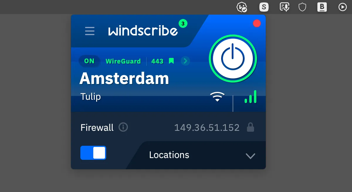 Giao diện ứng dụng VPN Windscribe trên macOS, hiển thị bản đồ các vị trí máy chủ và trạng thái kết nối VPN.