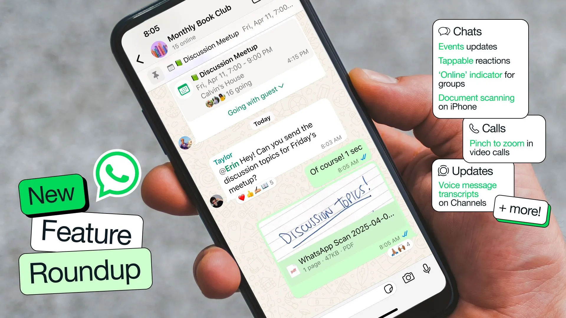 Giao diện ứng dụng WhatsApp hiển thị các tính năng trò chuyện và nhóm mới
