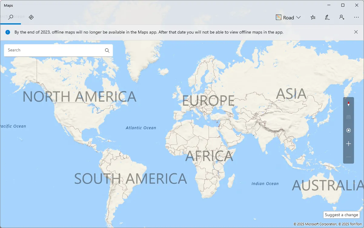 Giao diện ứng dụng Windows Maps hiển thị cảnh báo về việc gỡ bỏ tính năng bản đồ ngoại tuyến