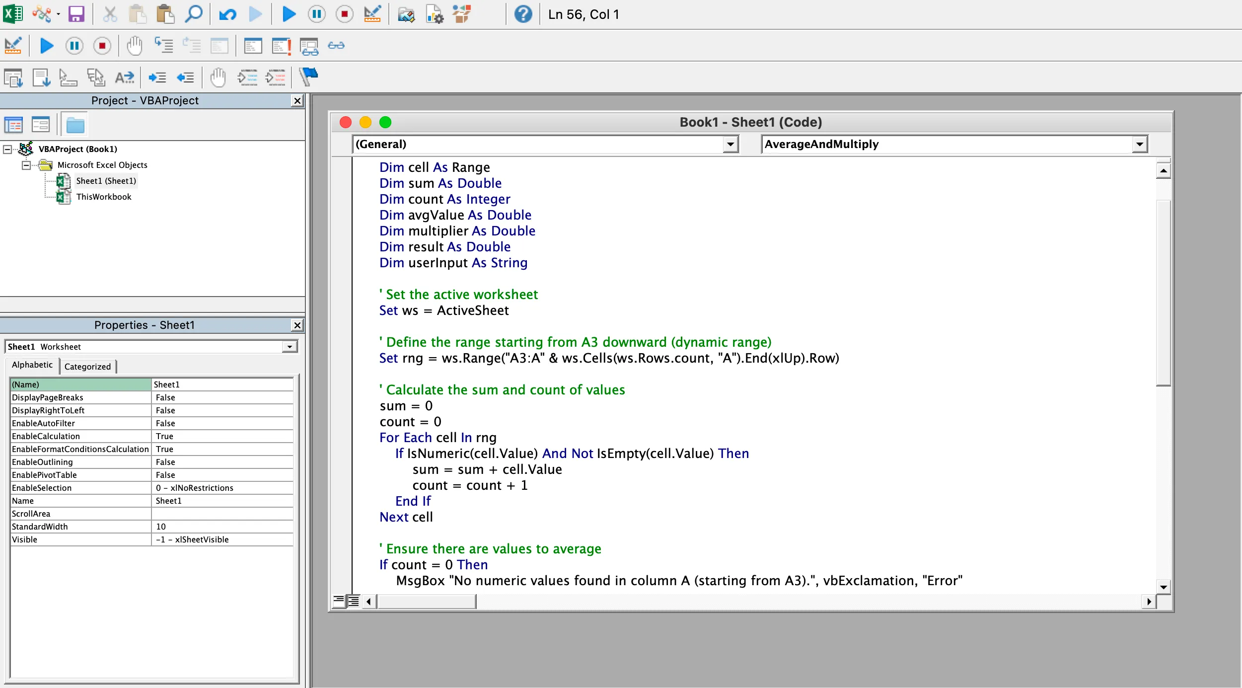 Giao diện Visual Basic Editor (VBA) trong Excel để tạo Macro và tự động hóa tác vụ.