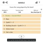 Giao diện website Bandle hiển thị màn hình chơi game với gợi ý về năm phát hành và số lượt xem YouTube của bài hát