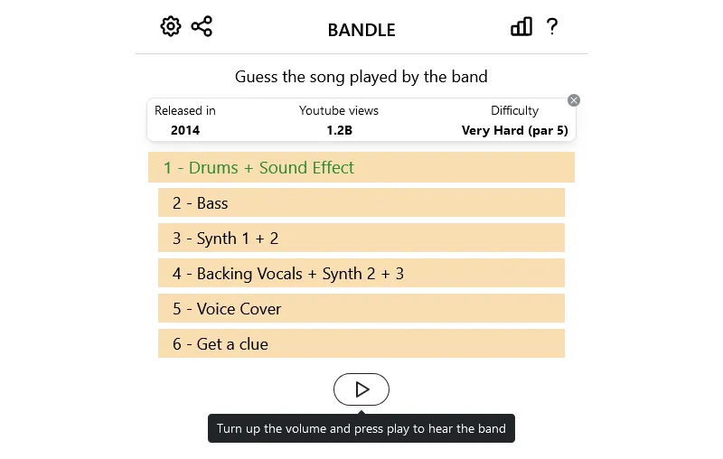 Giao diện website Bandle hiển thị màn hình chơi game với gợi ý về năm phát hành và số lượt xem YouTube của bài hát