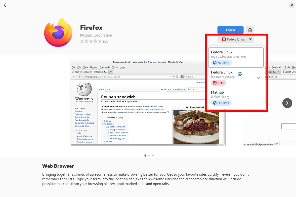 GNOME Software hiển thị ba kho phần mềm khác nhau để cài đặt ứng dụng trên Fedora: Fedora RPM, Fedora Flatpak và Flathub