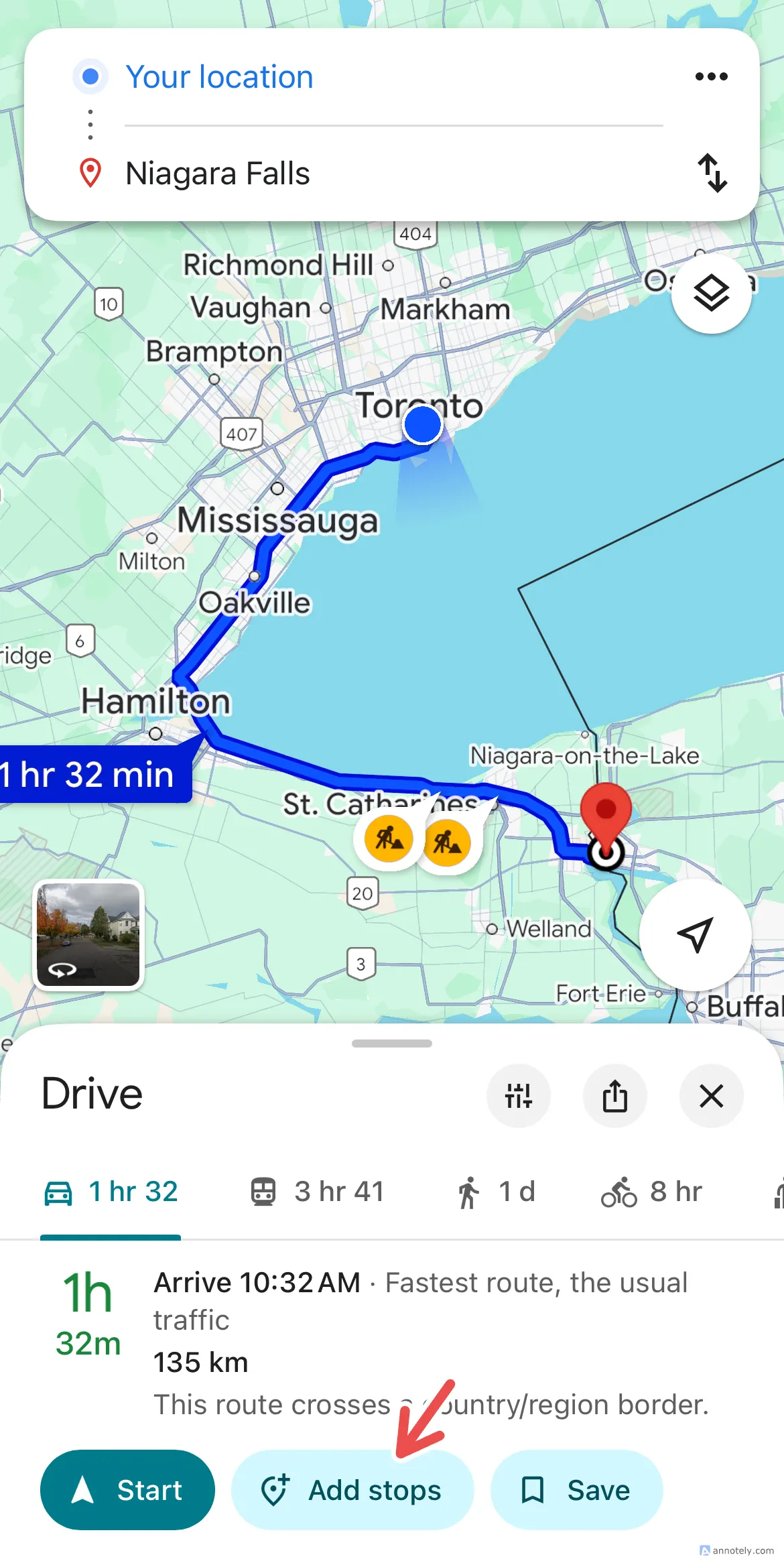 Google Maps tính toán lại thời gian di chuyển sau khi thêm các điểm dừng phụ