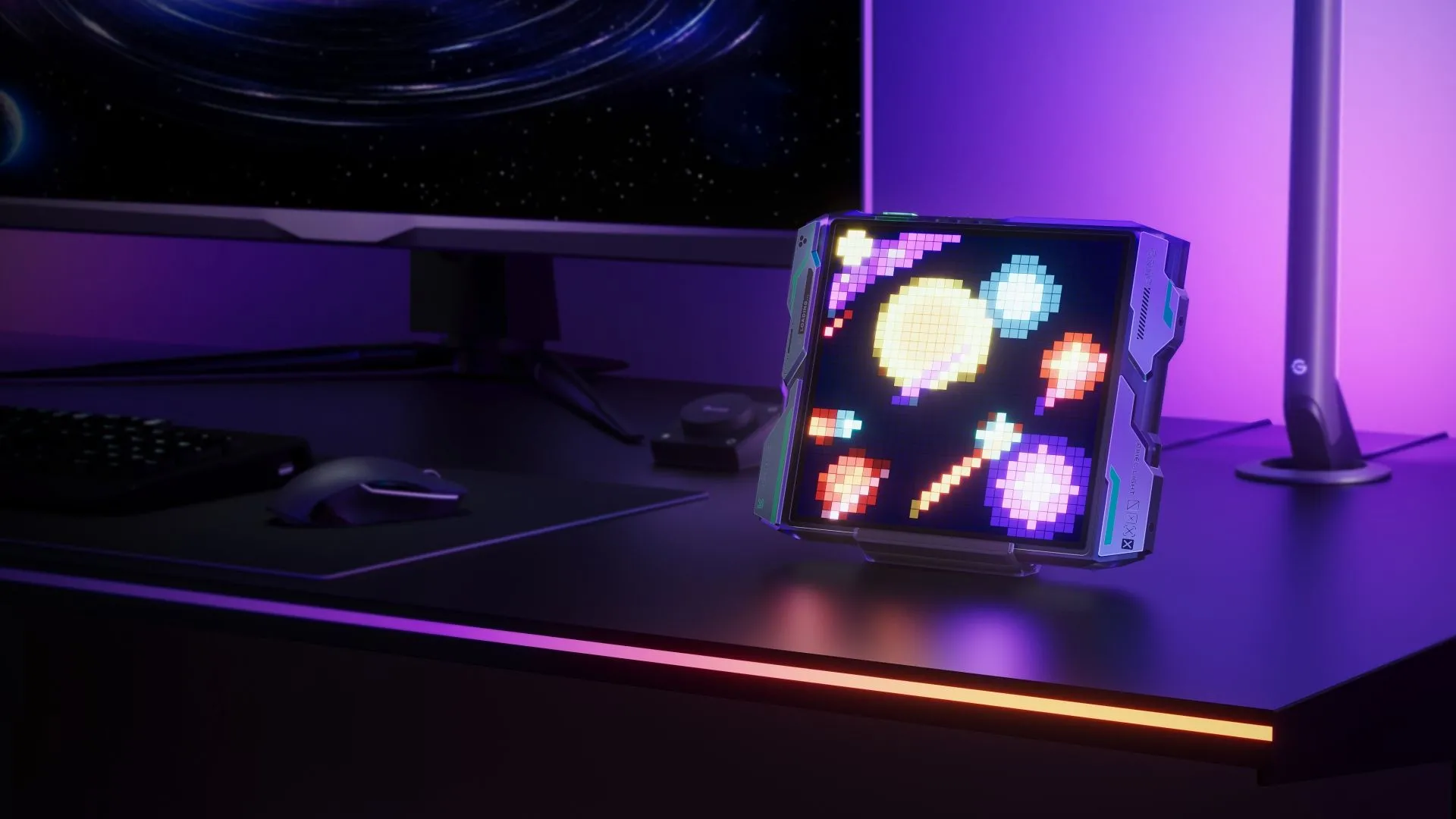 Govee Gaming Pixel Light hiển thị các hoạt ảnh pixel art trên bàn gaming, với màn hình LED sắc nét và thiết kế công nghiệp hiện đại