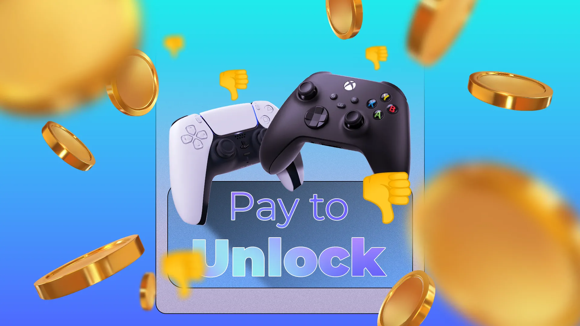 Hai bộ điều khiển trò chơi bên trên nhãn &quot;pay to unlock&quot; (trả tiền để mở khóa), xung quanh là tiền xu bay và biểu tượng cảm xúc ngón tay cái hướng xuống, mô tả các mô hình kiếm tiền đa dạng trong ngành game.