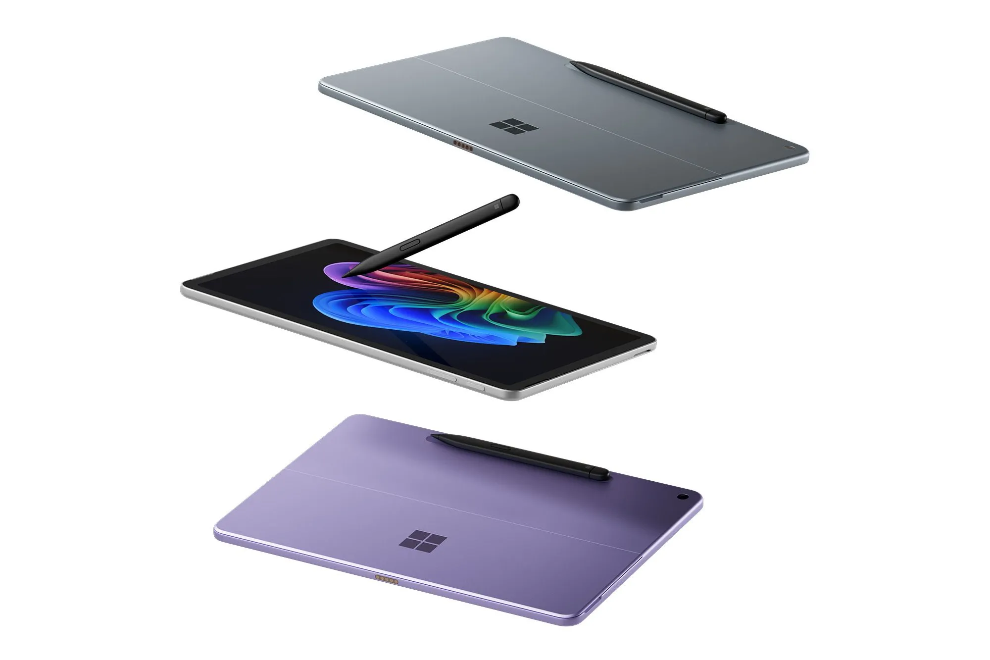 Hai chiếc máy tính bảng Microsoft Surface Pro mới màu xanh và xám, đặt trên mặt phẳng, kèm theo bút Surface Slim Pen, thể hiện thiết kế mỏng nhẹ và tính năng cảm ứng.