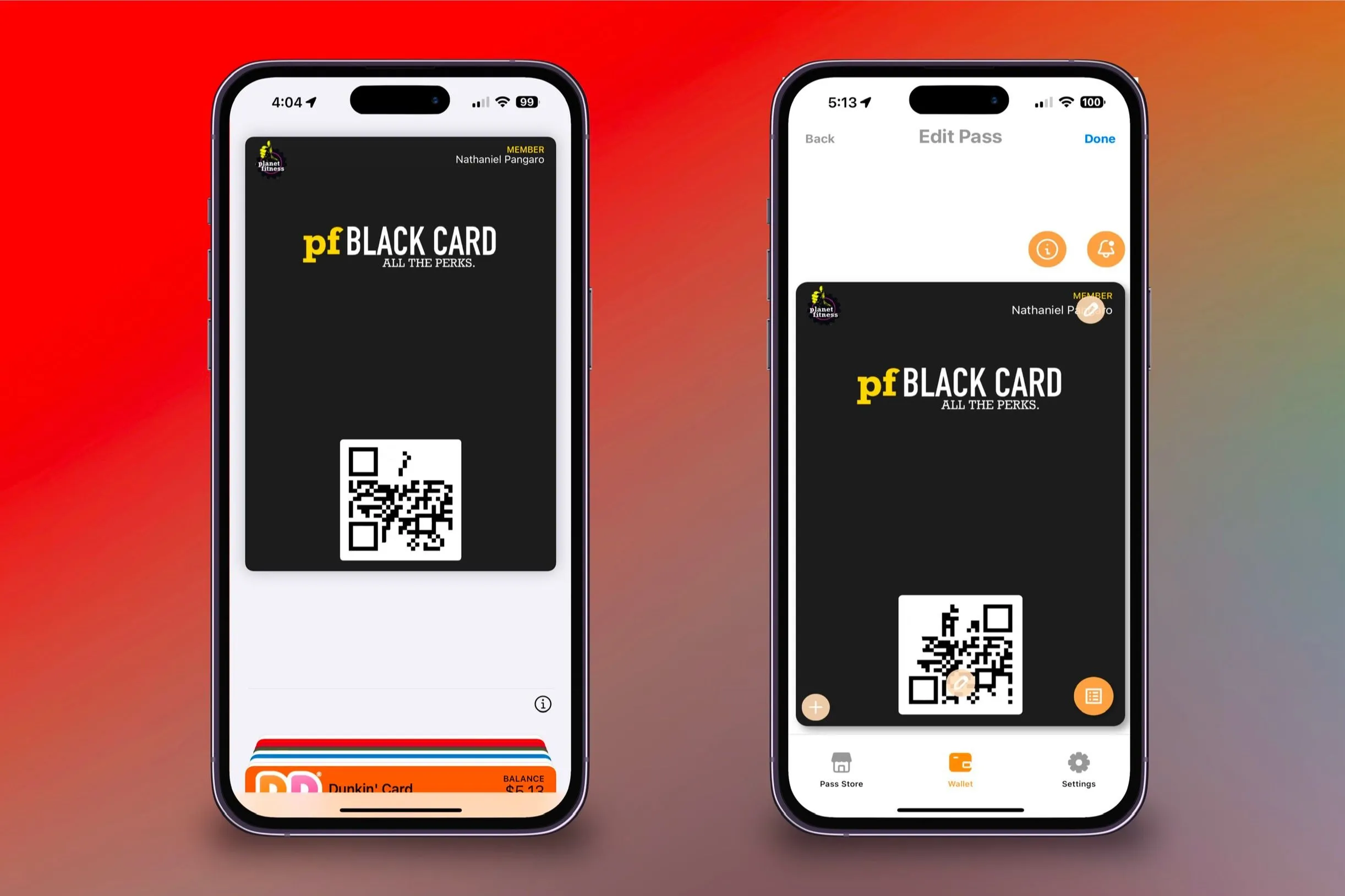 Hiển thị một thẻ được tạo từ ứng dụng Pass2U đã được chuyển vào ứng dụng Wallet và có thể chỉnh sửa thẻ hiện có trong ứng dụng gốc trên hai chiếc iPhone với nền màu sắc.