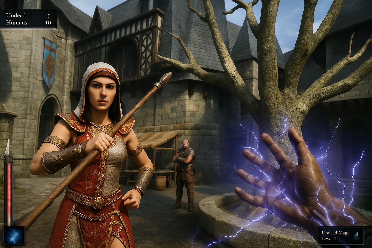 Hình ảnh AI concept về một bản remake của Dark Messiah of Might &amp; Magic, thể hiện một hiệp sĩ đang chiến đấu trong một hang động với hiệu ứng ánh sáng mạnh mẽ, thể hiện rõ chi tiết giáp trụ và vũ khí, với không khí hoành tráng và kịch tính