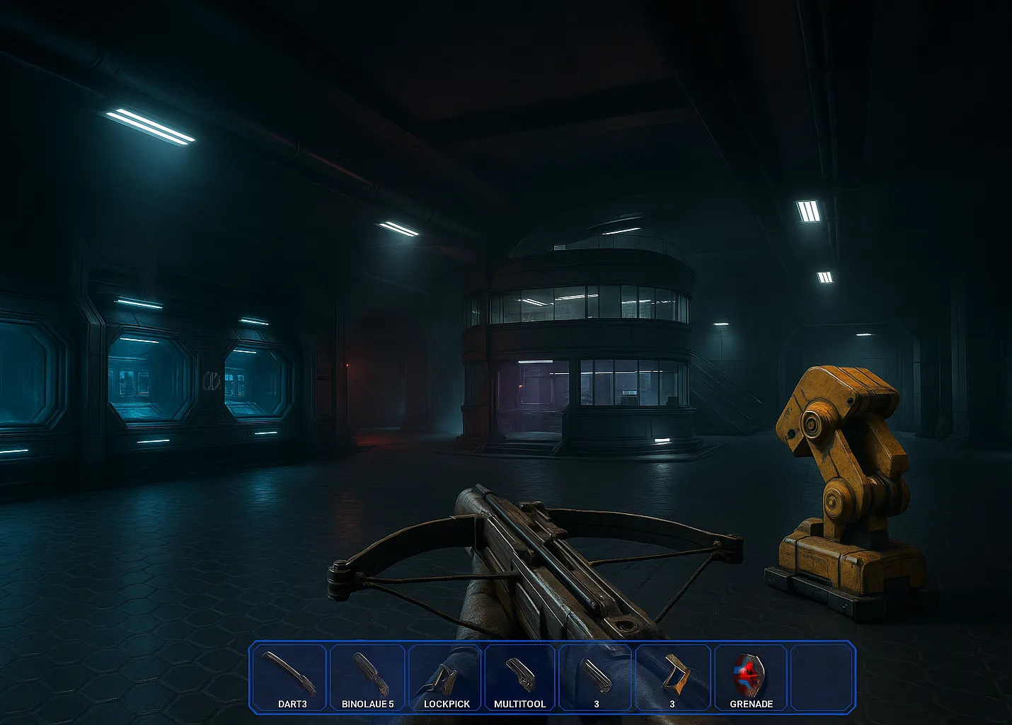 Hình ảnh AI concept về một bản remake của Deus Ex, thể hiện không gian thành phố cyberpunk với ánh sáng phức tạp, phản chiếu trên các bề mặt kim loại, tạo cảm giác hiện đại và chi tiết hơn đáng kể so với bản gốc