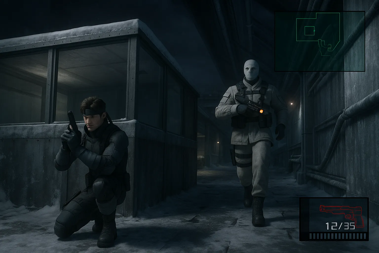 Hình ảnh AI concept về một bản remake của Metal Gear Solid, thể hiện Solid Snake với đồ họa chi tiết cao, hiệu ứng ánh sáng động và môi trường quân sự hiện đại, mang lại cảm giác chân thực và điện ảnh hơn