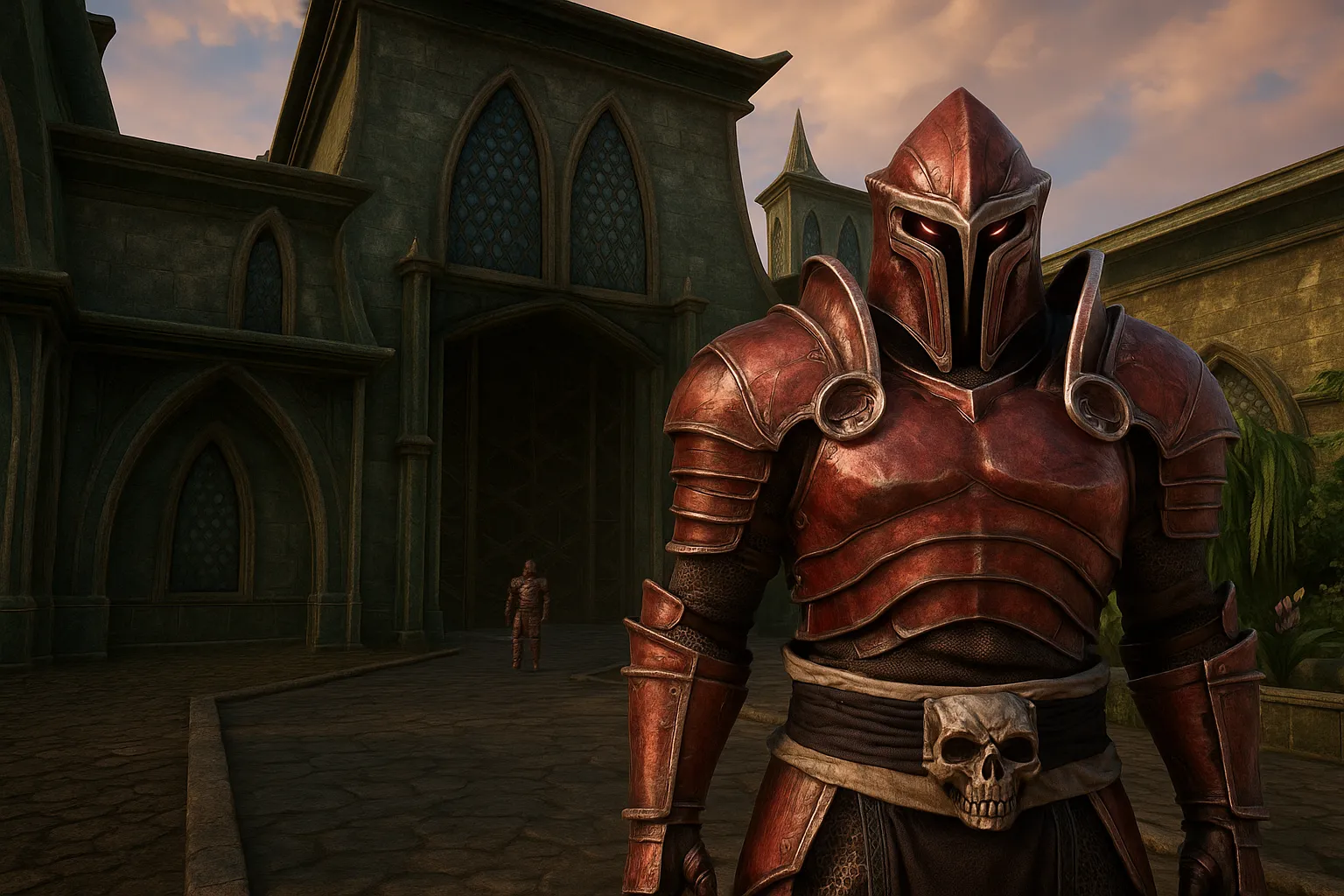 Hình ảnh AI concept về một bản remake của Morrowind, thể hiện cảnh quan Ashlands với kiến trúc đậm chất Dunmer, cây cối rực rỡ và bầu trời đầy mây, với đồ họa chi tiết và hiệu ứng ánh sáng nâng cao