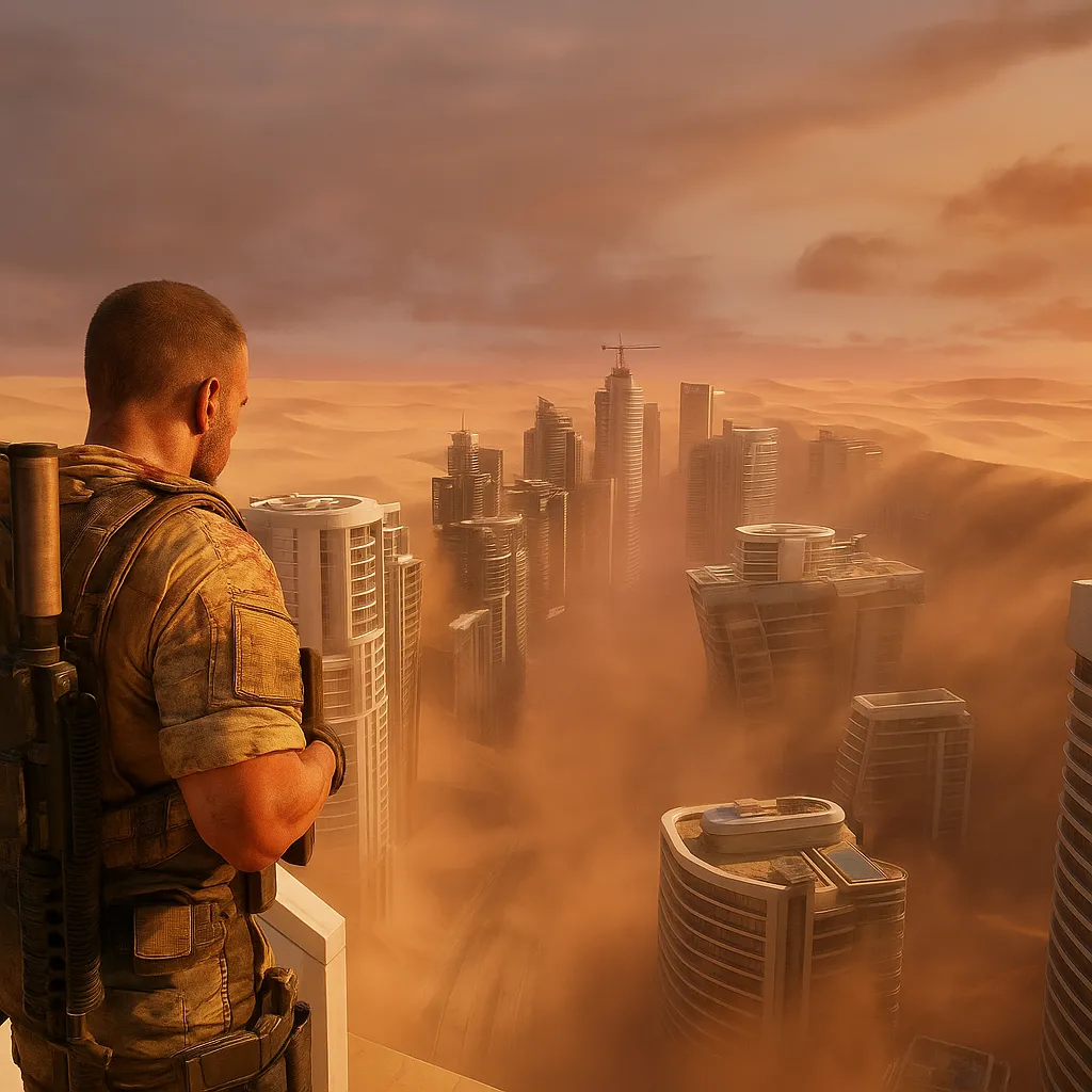 Hình ảnh AI concept về một bản remake của Spec Ops: The Line, thể hiện một binh sĩ với trang bị chi tiết và vẻ mặt căng thẳng, đứng giữa khung cảnh thành phố đổ nát dưới ánh nắng chói chang, mang đến cảm giác chân thực và u ám của chiến trường