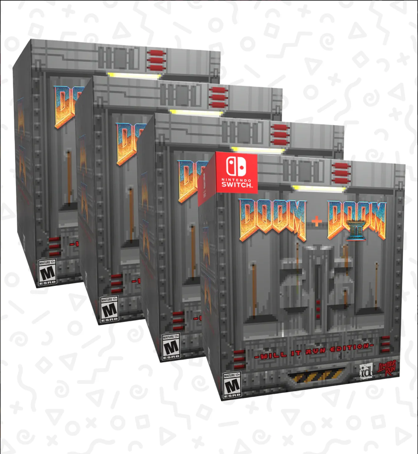 Hình ảnh bộ hộp game DOOM + DOOM II: Will It Run Edition của Limited Run Games, nổi bật với chiếc hộp có khả năng chơi DOOM và các vật phẩm sưu tầm độc đáo khác.