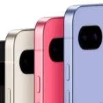 Hình ảnh bốn màu sắc của điện thoại Google Pixel 9a trên nền trắng, bao gồm Obsidian, Porcelain, Iris và Peony, thể hiện thiết kế camera sau mới phẳng hơn.