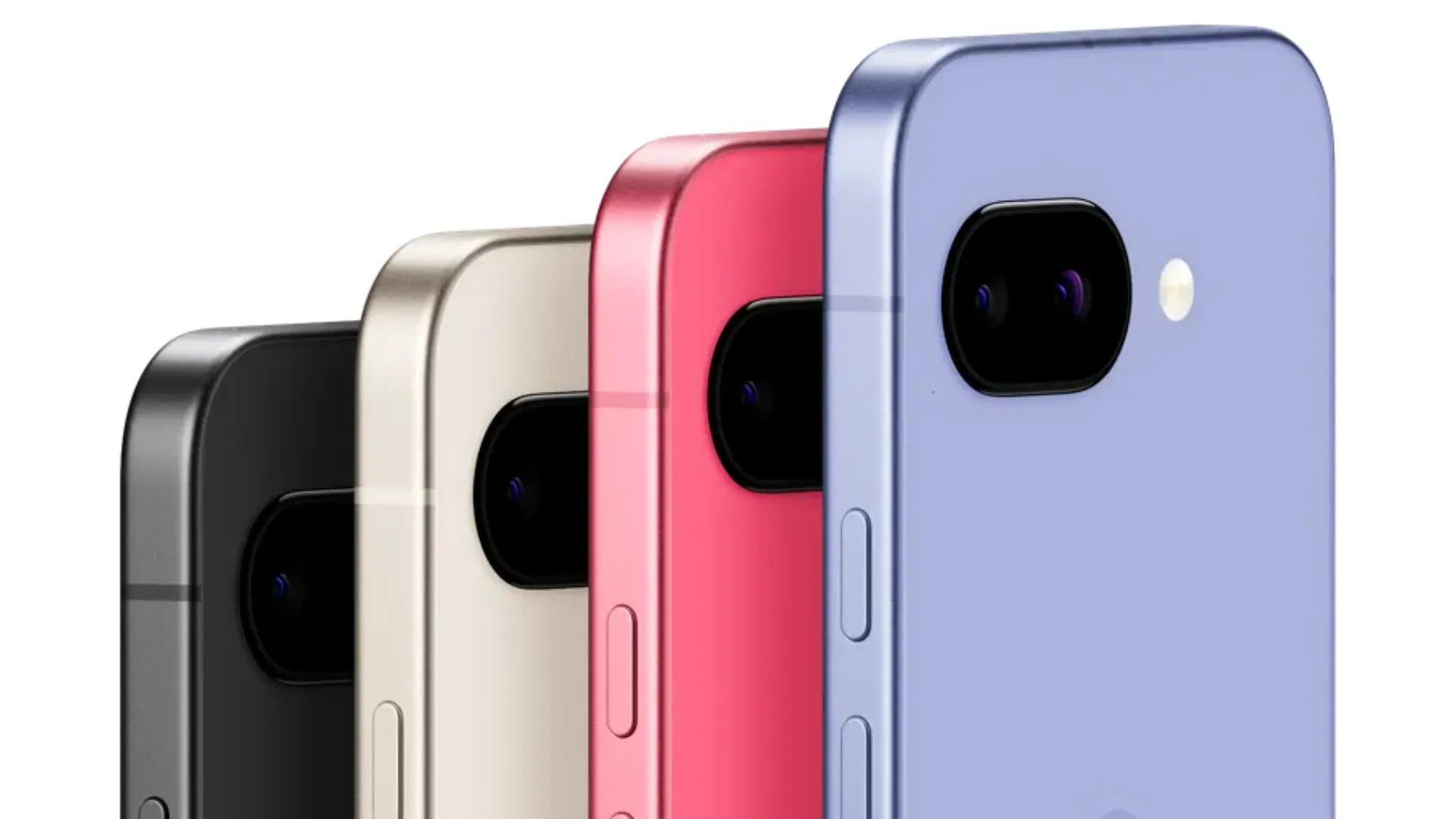 Hình ảnh bốn màu sắc của điện thoại Google Pixel 9a trên nền trắng, bao gồm Obsidian, Porcelain, Iris và Peony, thể hiện thiết kế camera sau mới phẳng hơn.