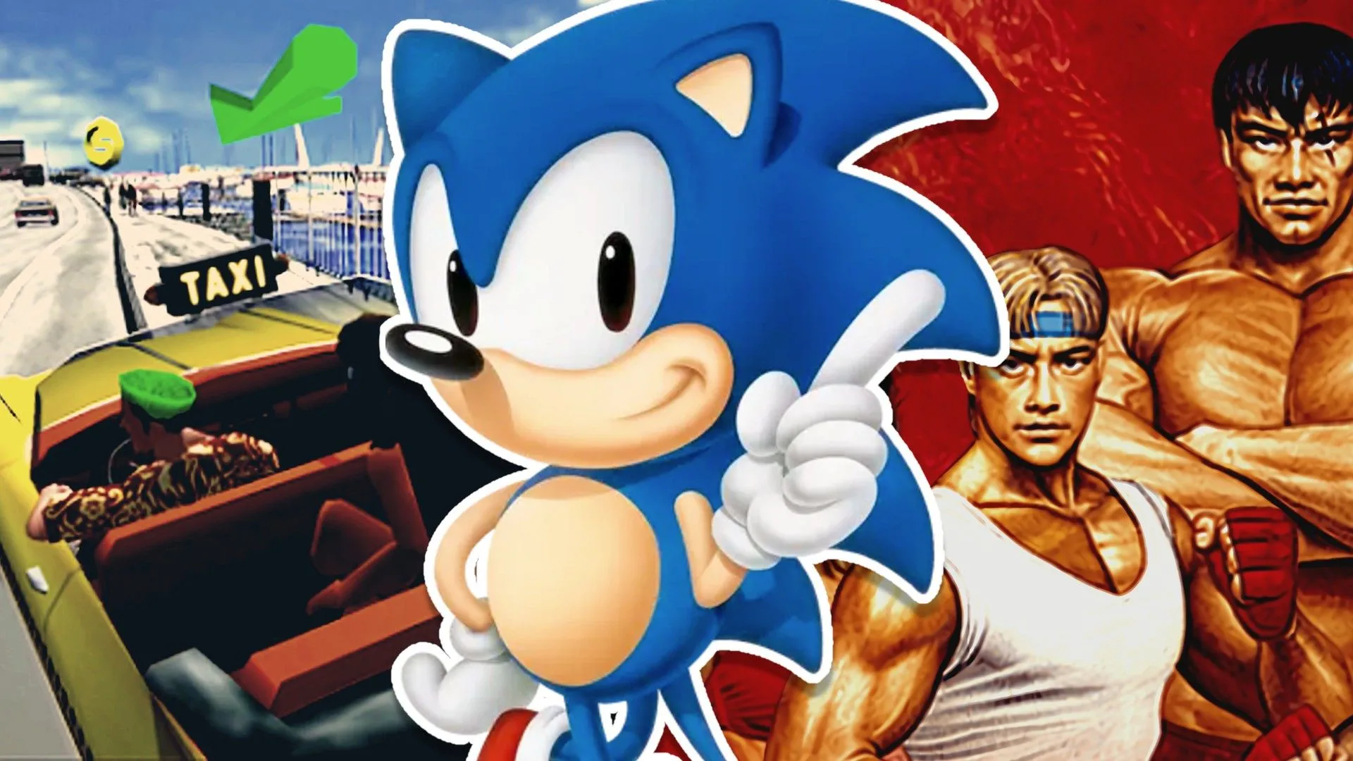 Hình ảnh các nhân vật game Sega như Crazy Taxi, Sonic và Streets of Rage
