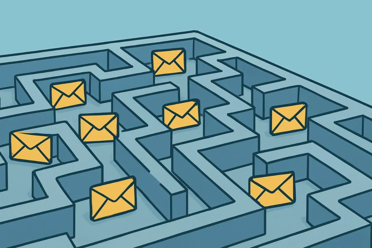 Hình ảnh các phong bì email trong mê cung, tượng trưng cho sự khó khăn khi không biết thư đã được đọc hay chưa, gây lo lắng cho người gửi.