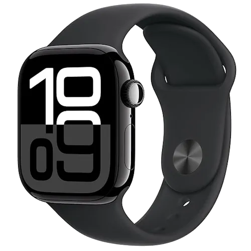 Hình ảnh cận cảnh Apple Watch Series 10 màu đen trên cổ tay, hiển thị màn hình chính với thời gian và các biểu tượng ứng dụng, minh họa thiết kế hiện đại và khả năng đeo tiện lợi của đồng hồ thông minh Apple.