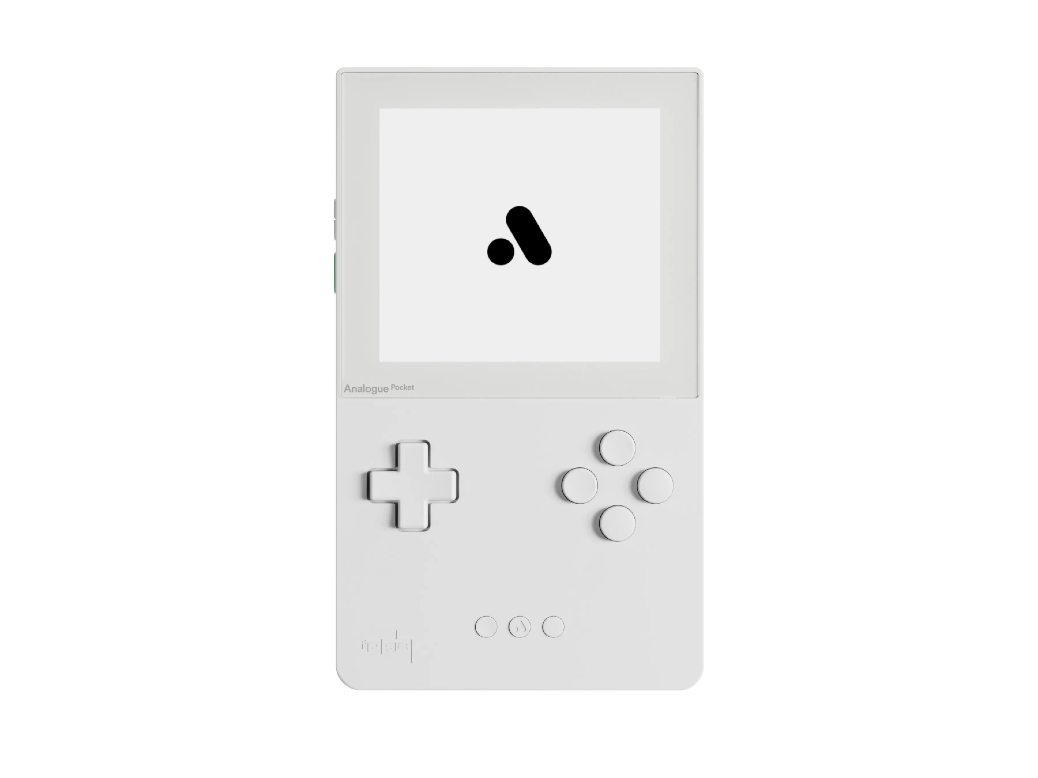 Hình ảnh chiếc máy chơi game cầm tay Analogue Pocket màu trắng, hiển thị màn hình LCD