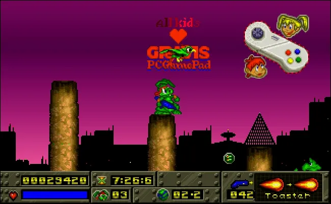 Hình ảnh chiếc tay cầm Gravis PC Gamepad hiển thị trong game Jazz Jackrabbit, tượng trưng cho kỷ nguyên game PC đầu tiên.