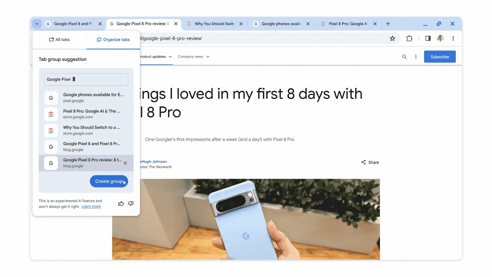 Hình ảnh Chrome tự động nhóm các tab tương tự thành một nhóm riêng biệt, minh họa tính năng Tab Organizer.