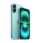 Hình ảnh điện thoại iPhone 16 màu xanh đặt trên bề mặt phẳng, minh họa thiết kế hiện đại và khả năng sạc MagSafe.