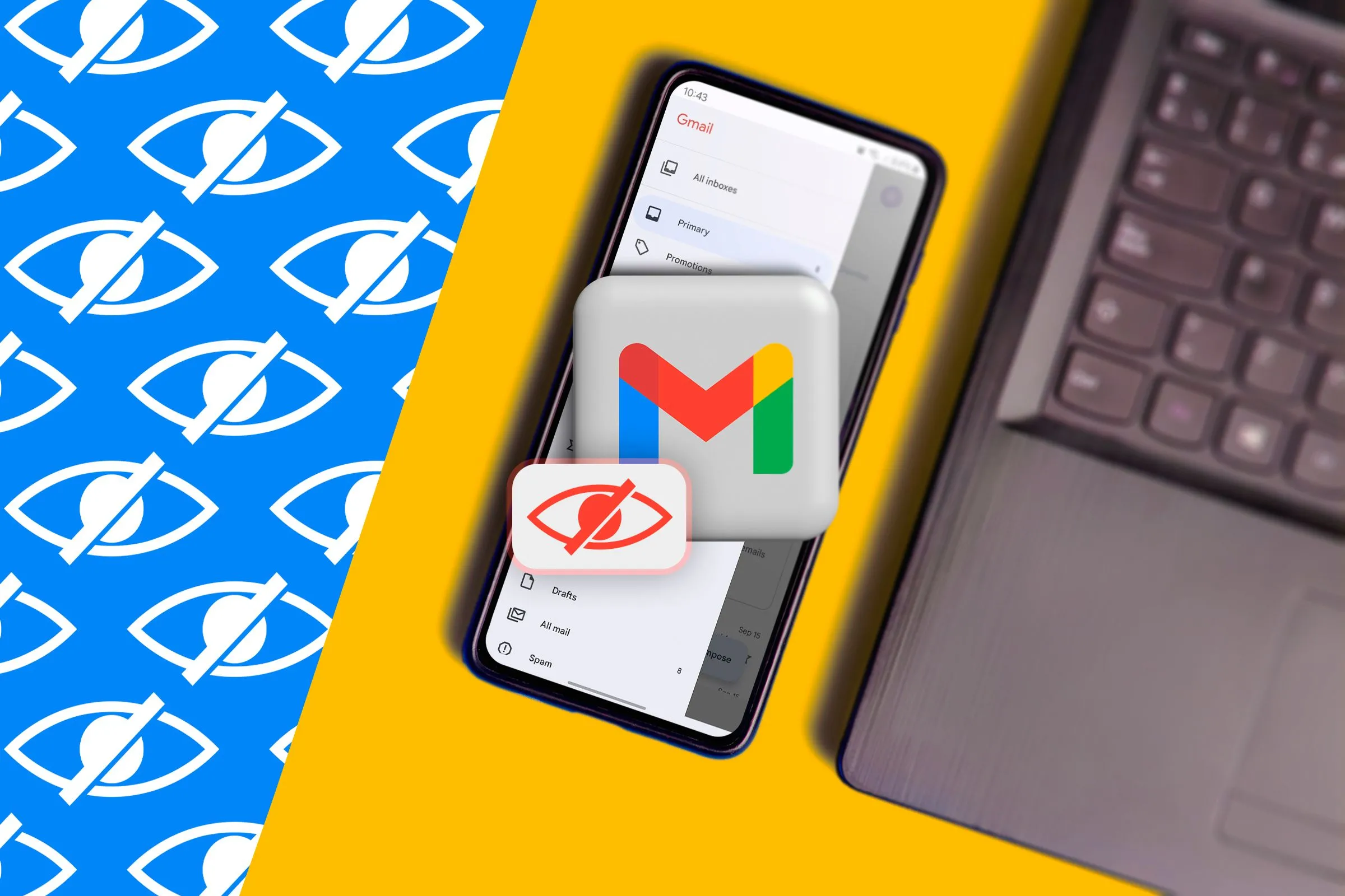 Hình ảnh điện thoại và laptop với logo Gmail cùng biểu tượng hiển thị, tượng trưng cho việc quản lý và bảo vệ địa chỉ email cá nhân trước nguy cơ rò rỉ thông tin.