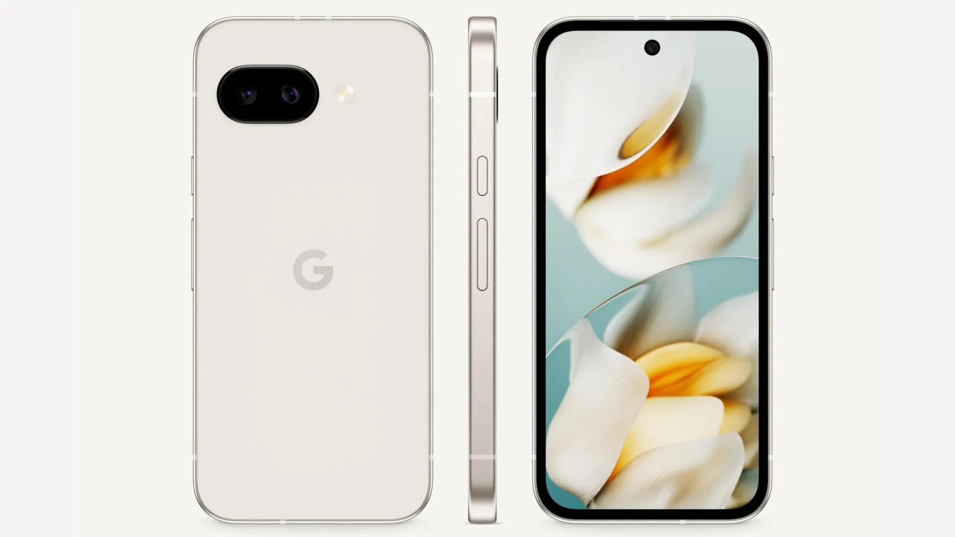 Hình ảnh mặt lưng, cạnh bên và mặt trước của điện thoại Google Pixel 9a màu Porcelain, thể hiện rõ thiết kế mới với camera phẳng và tổng thể thanh lịch.