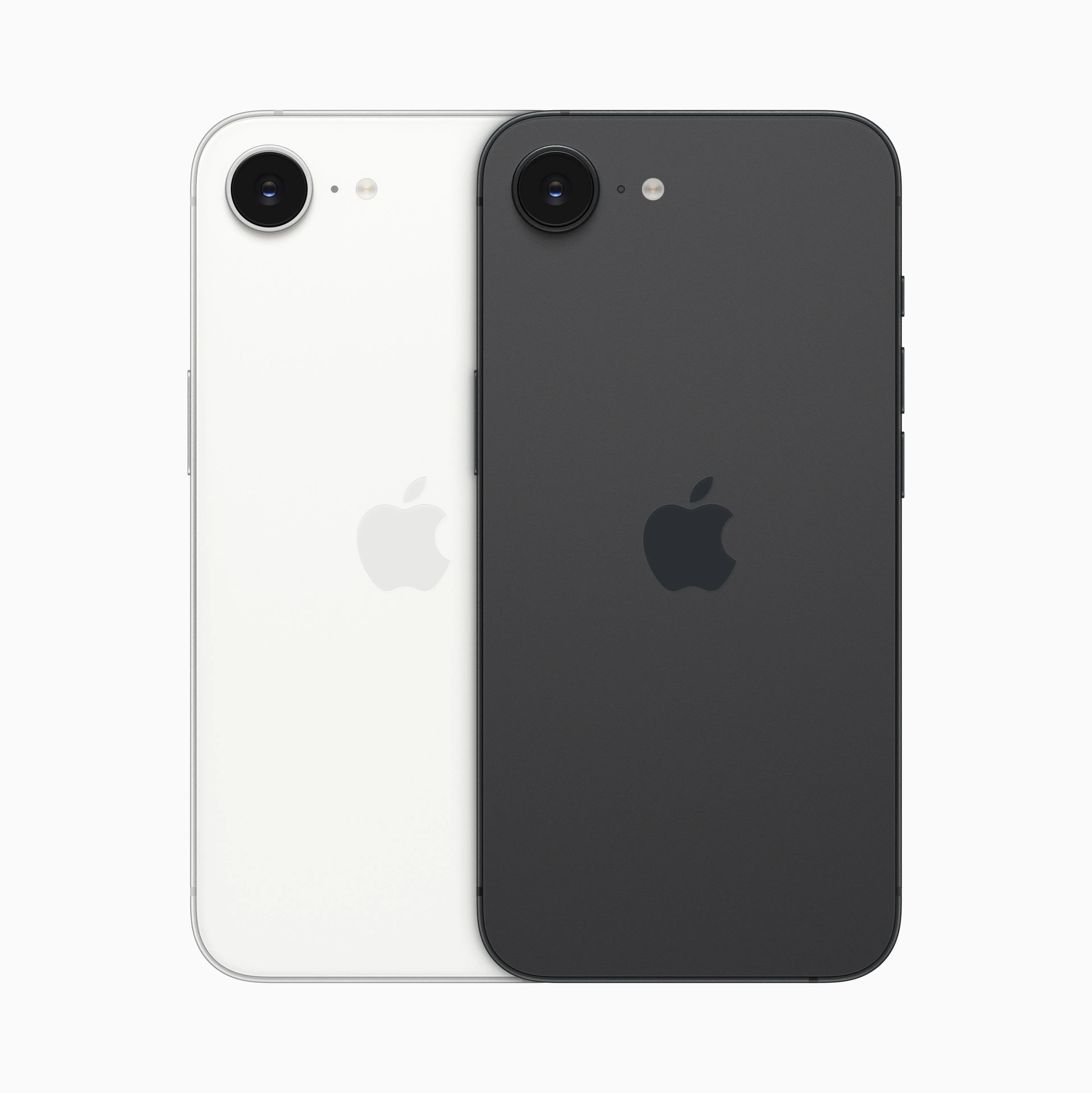 Hình ảnh mặt trước và mặt sau điện thoại iPhone 16e hiển thị các tùy chọn màu sắc trắng và đen