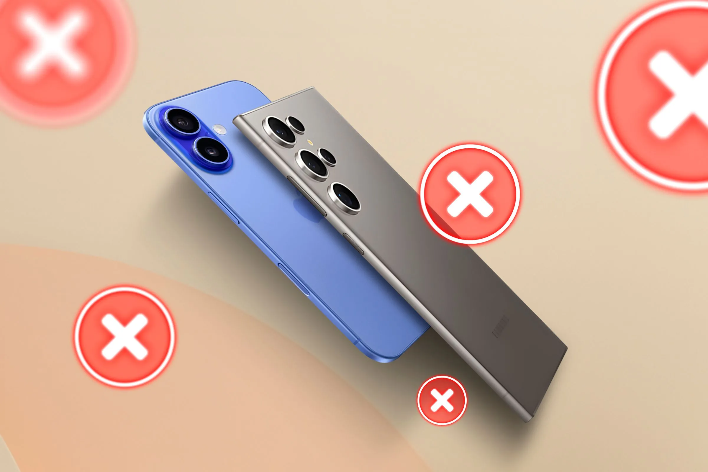Hình ảnh minh họa điện thoại iPhone và Samsung Galaxy siêu mỏng với dấu X, thể hiện sự không hài lòng về thiết kế mỏng và những đánh đổi của nó.