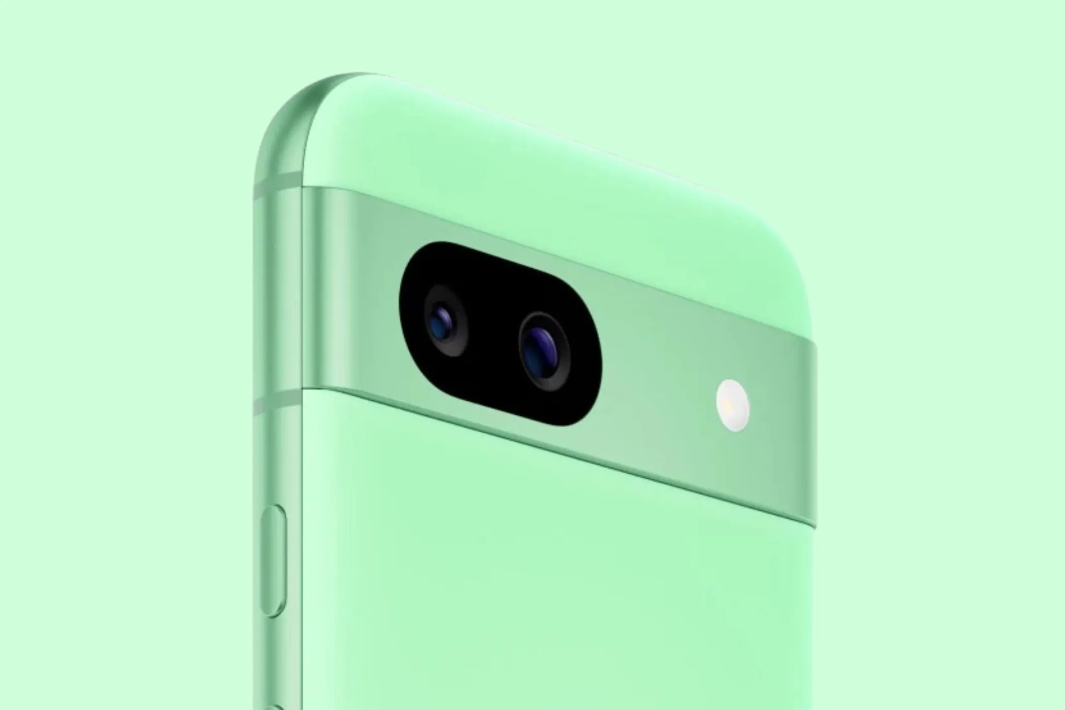 Hình ảnh mô-đun camera của Google Pixel 8a màu xanh Aloe, cho thấy thiết lập camera kép trên dải camera ngang đặc trưng, với đèn flash LED.