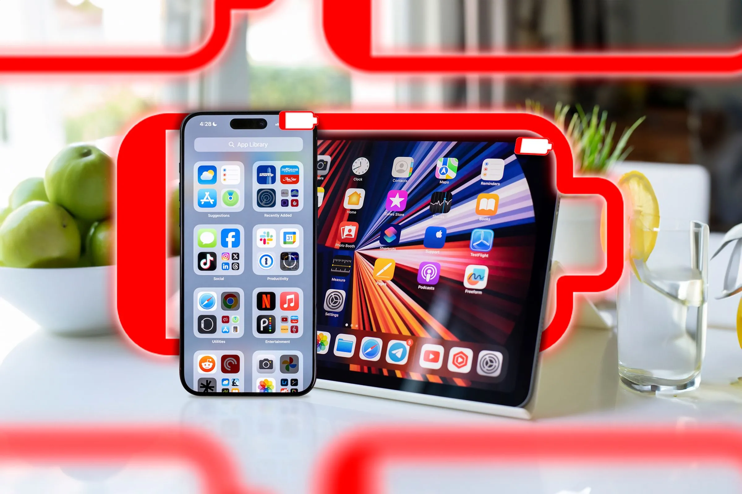 Hình ảnh một chiếc iPad và một chiếc máy tính bảng trong thư viện ứng dụng hiển thị các biểu tượng pin yếu, nhấn mạnh vấn đề hao pin.
