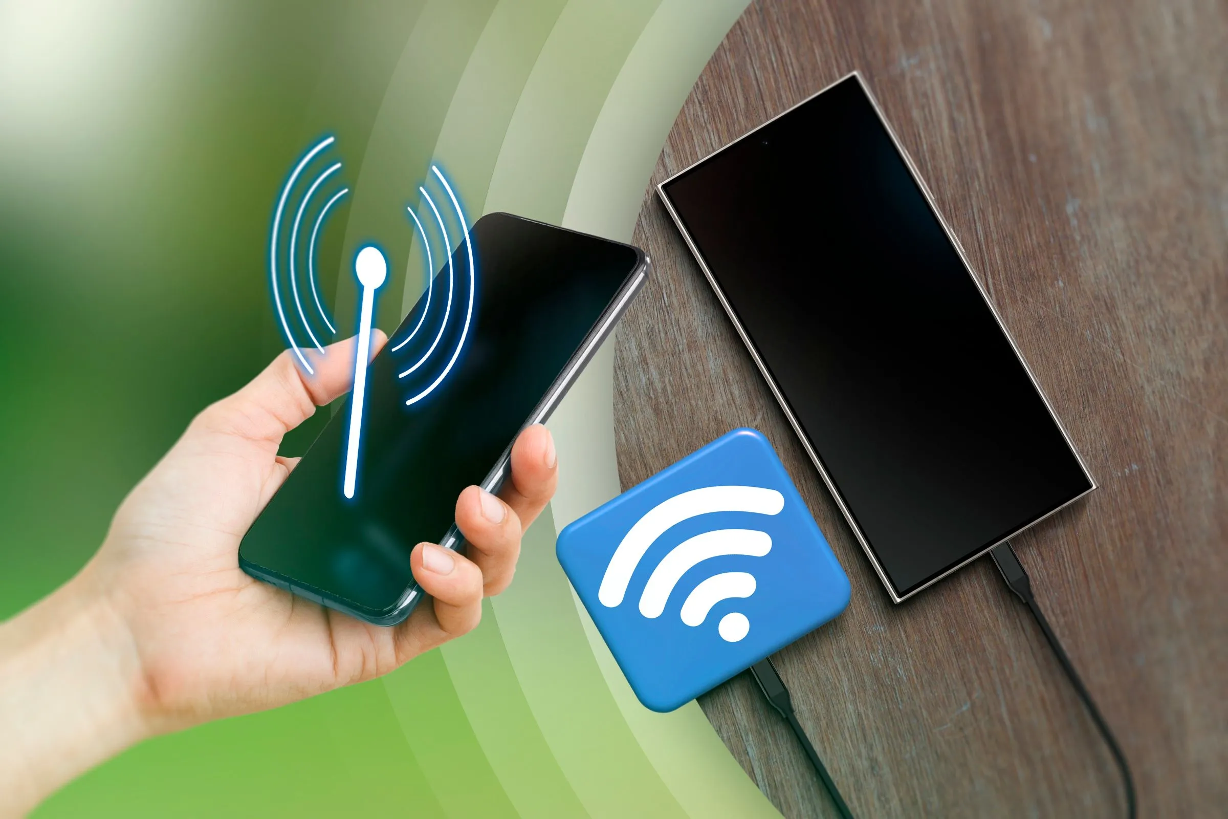 Hình ảnh một người đang cầm điện thoại với biểu tượng hotspot, và bên cạnh là một chiếc điện thoại trên bàn kết nối với biểu tượng Wi-Fi, minh họa khả năng chia sẻ mạng.